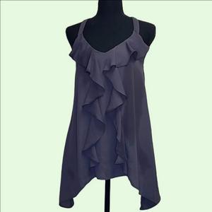 Maurices sleeveless gray top with front ruffles. Black lace in back. Size S.